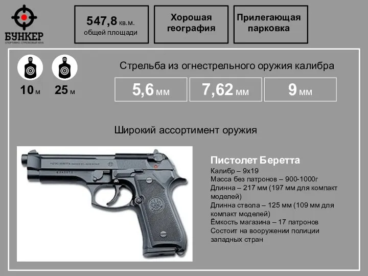 547,8 кв.м. общей площади Хорошая география Прилегающая парковка Стрельба из огнестрельного