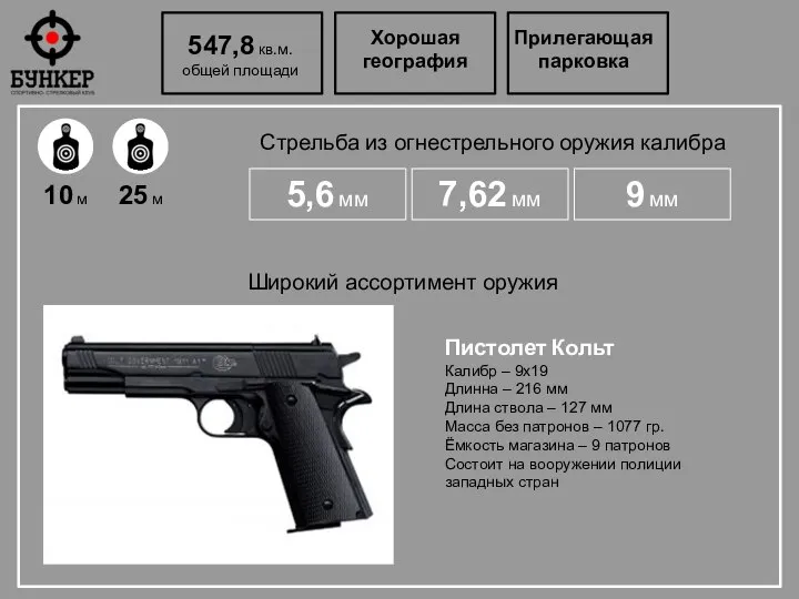 547,8 кв.м. общей площади Хорошая география Прилегающая парковка Стрельба из огнестрельного