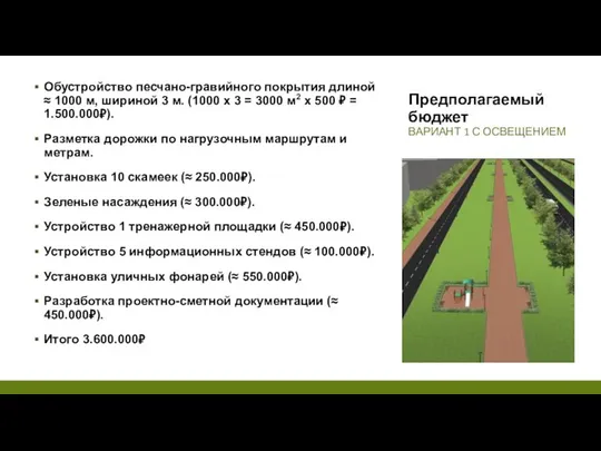 Предполагаемый бюджет ВАРИАНТ 1 С ОСВЕЩЕНИЕМ Обустройство песчано-гравийного покрытия длиной ≈