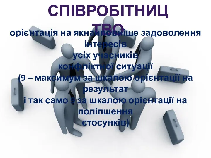 СПІВРОБІТНИЦТВО орієнтація на якнайповніше задоволення інтересів усіх учасників конфліктної ситуації (9