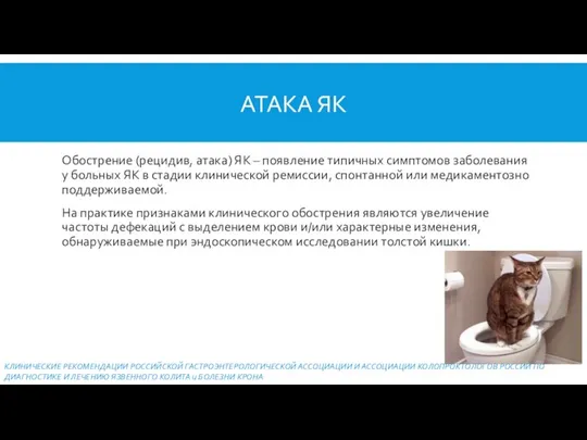 АТАКА ЯК Обострение (рецидив, атака) ЯК – появление типичных симптомов заболевания