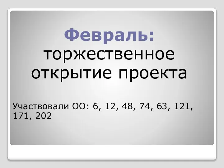 Февраль: торжественное открытие проекта Участвовали ОО: 6, 12, 48, 74, 63, 121, 171, 202