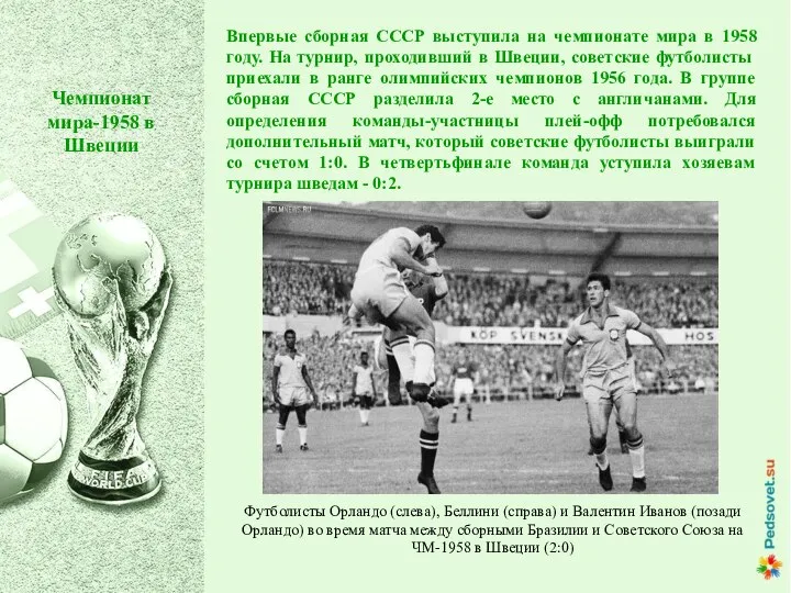 Впервые сборная СССР выступила на чемпионате мира в 1958 году. На