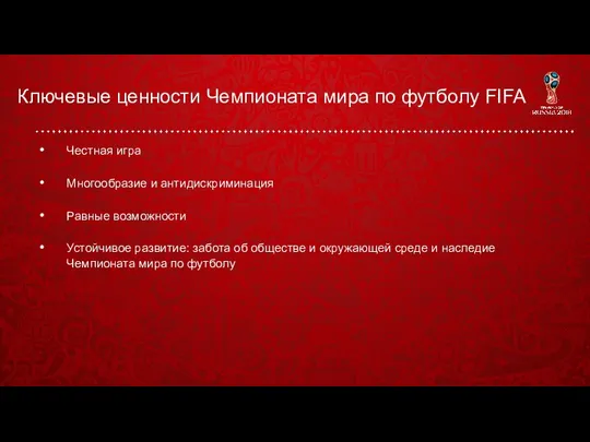 Ключевые ценности Чемпионата мира по футболу FIFA Честная игра Многообразие и