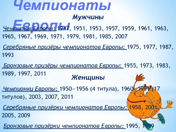 Женщины Чемпионки Европы: 1950—1956 (4 титула), 1960—1991 (17 титулов), 2003, 2007,