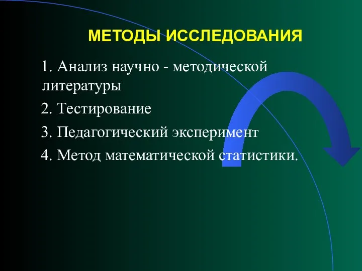 МЕТОДЫ ИССЛЕДОВАНИЯ 1. Анализ научно - методической литературы 2. Тестирование 3.