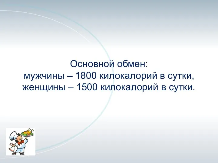 Основной обмен: мужчины – 1800 килокалорий в сутки, женщины – 1500 килокалорий в сутки.