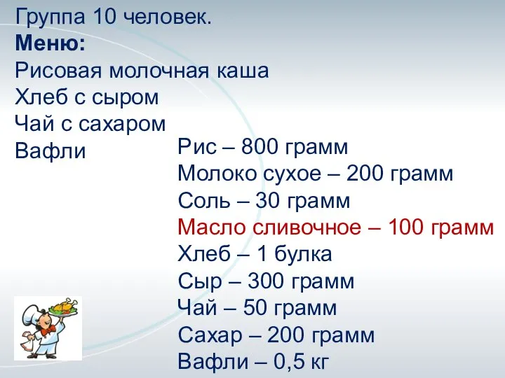 Группа 10 человек. Меню: Рисовая молочная каша Хлеб с сыром Чай