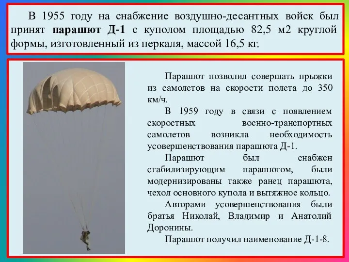 В 1955 году на снабжение воздушно-десантных войск был принят парашют Д-1