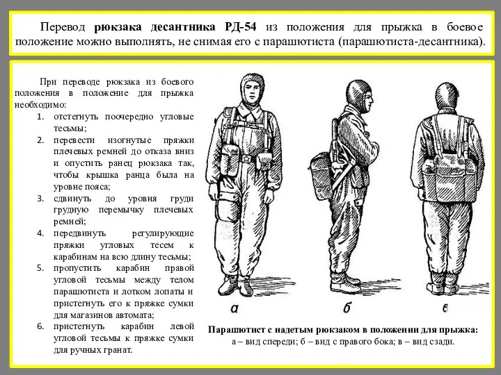 Перевод рюкзака десантника РД-54 из положения для прыжка в боевое положение