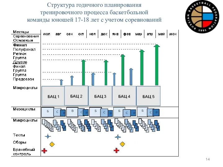 Структура годичного планирования тренировочного процесса баскетбольной команды юношей 17-18 лет с учетом соревнований