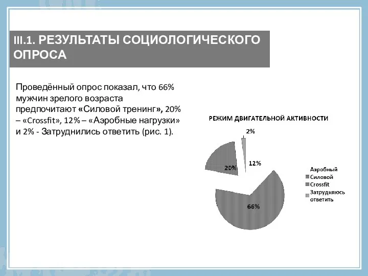 Проведённый опрос показал, что 66% мужчин зрелого возраста предпочитают «Силовой тренинг»,