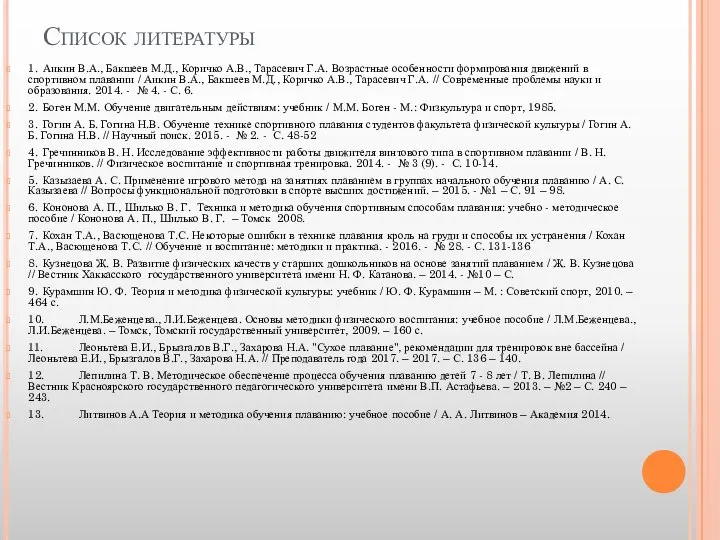 Список литературы 1. Аикин В.А., Бакшеев М.Д., Коричко А.В., Тарасевич Г.А.