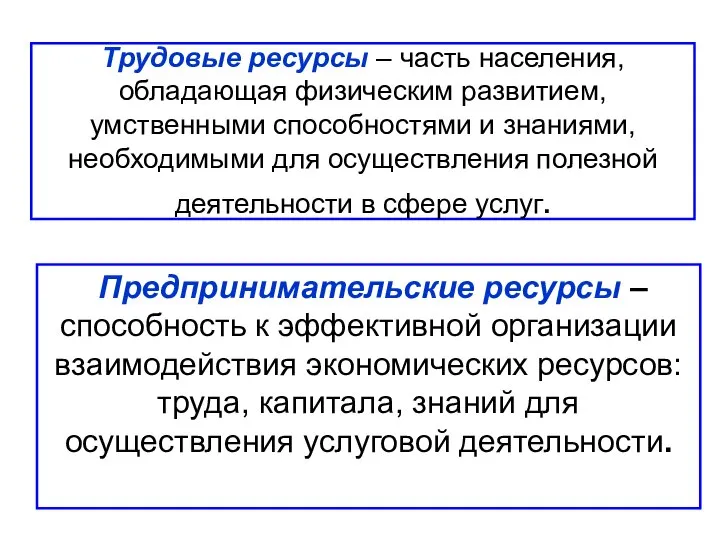 Трудовые ресурсы – часть населения, обладающая физическим развитием, умственными способностями и