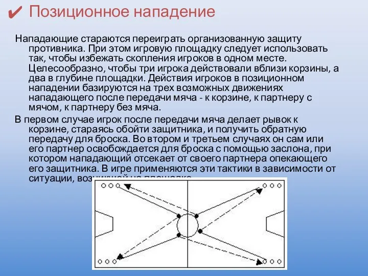 Позиционное нападение Нападающие стараются переиграть организованную защиту противника. При этом игровую