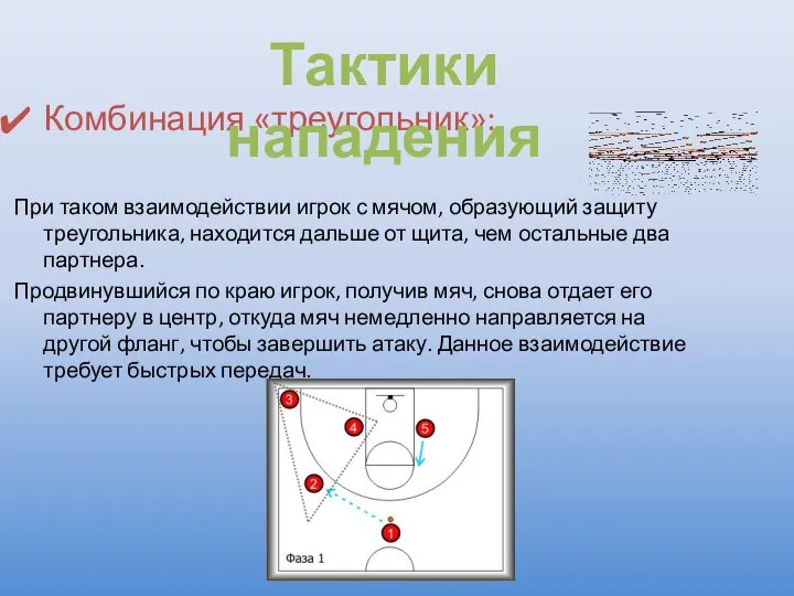 Комбинация «треугольник»: При таком взаимодействии игрок с мячом, образующий защиту треугольника,