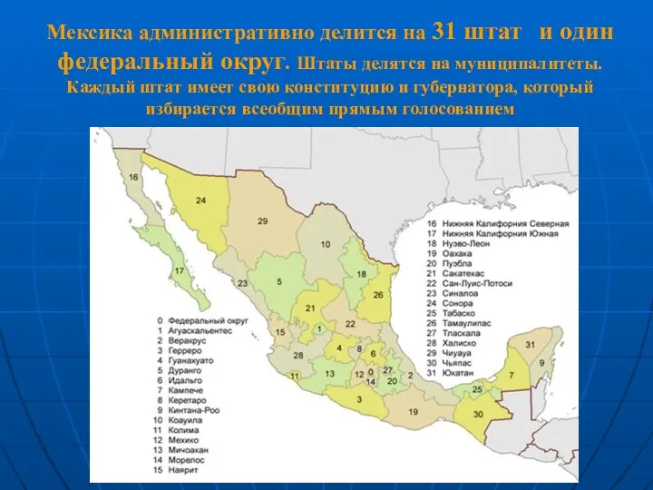 Мексика административно делится на 31 штат и один федеральный округ. Штаты