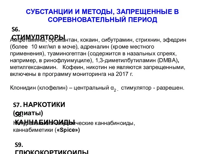 СУБСТАНЦИИ И МЕТОДЫ, ЗАПРЕЩЕННЫЕ В СОРЕВНОВАТЕЛЬНЫЙ ПЕРИОД S6. СТИМУЛЯТОРЫ Амфетамины, бромантан,