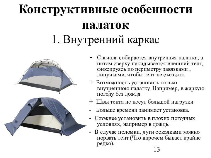 Конструктивные особенности палаток 1. Внутренний каркас Сначала собирается внутренняя палатка, а