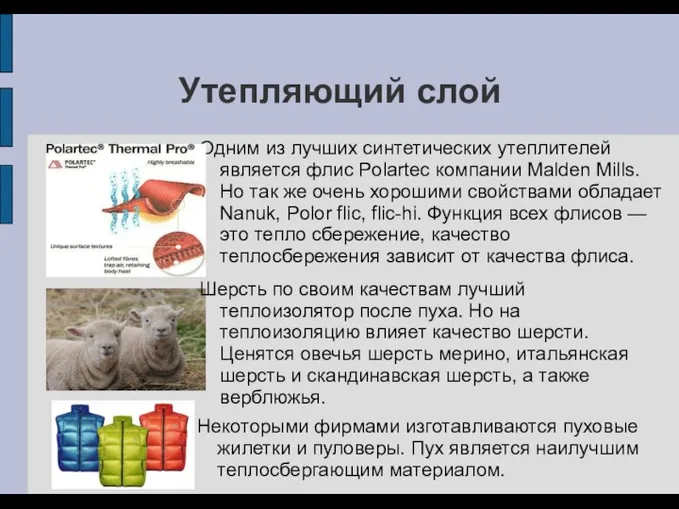 Утепляющий слой Одним из лучших синтетических утеплителей является флис Polartec компании