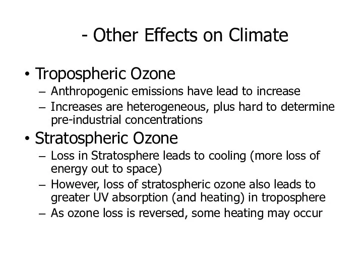 - Other Effects on Climate Tropospheric Ozone Anthropogenic emissions have lead