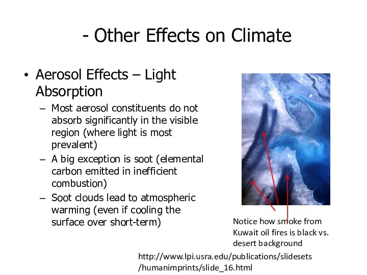 - Other Effects on Climate Aerosol Effects – Light Absorption Most