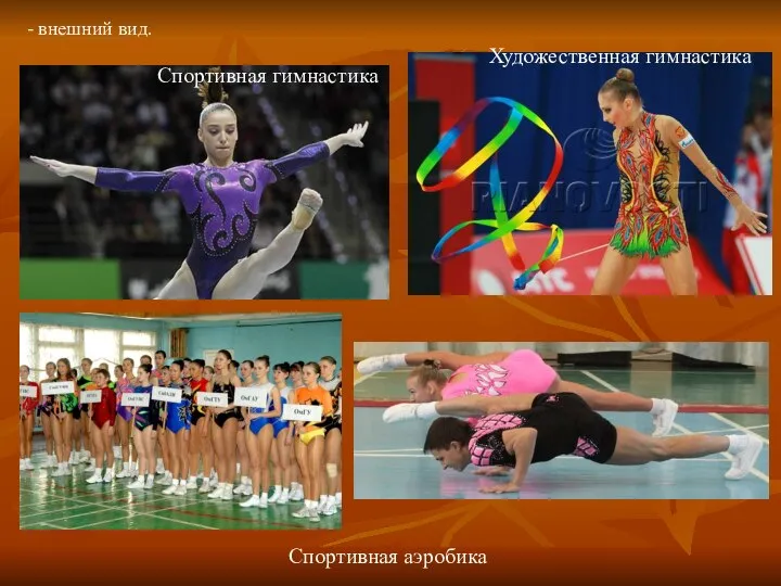 Спортивная гимнастика Спортивная аэробика Художественная гимнастика - внешний вид.