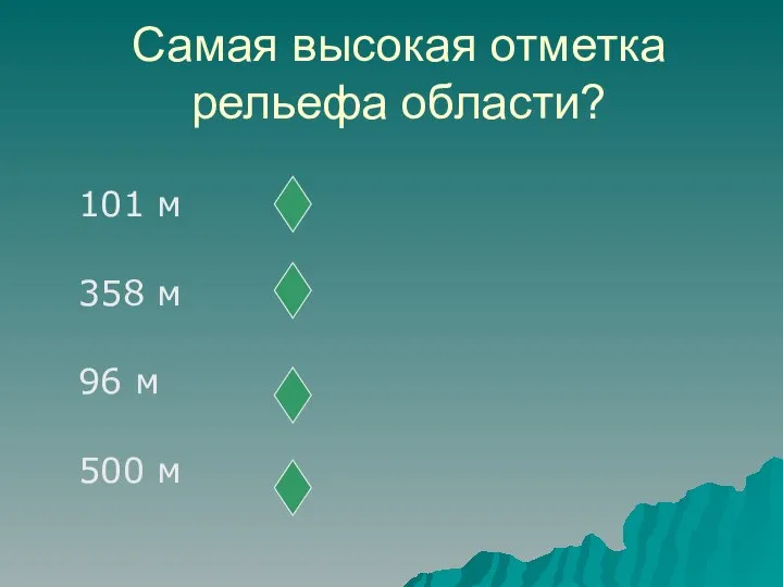 Самая высокая отметка рельефа области? 101 м 358 м 96 м 500 м