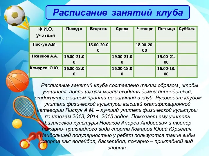 Расписание занятий клуба Расписание занятий клуба составлено таким образом¸ чтобы учащиеся