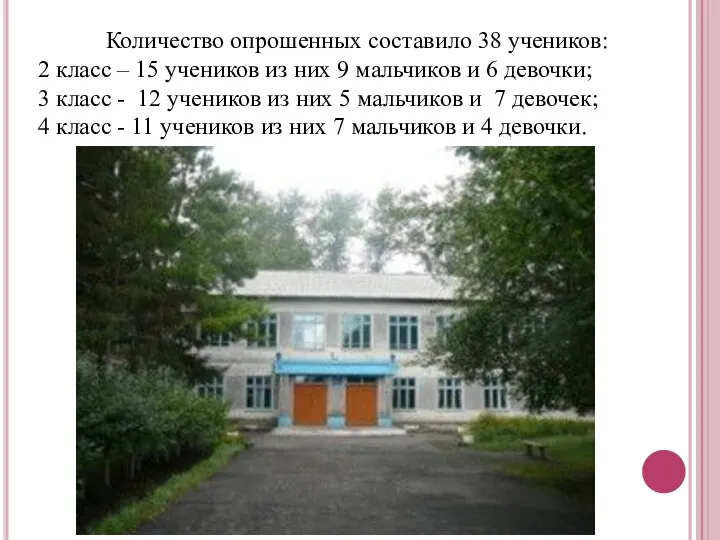 Количество опрошенных составило 38 учеников: 2 класс – 15 учеников из