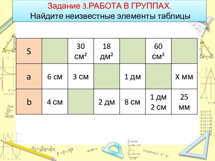 Задание 3.РАБОТА В ГРУППАХ. Найдите неизвестные элементы таблицы