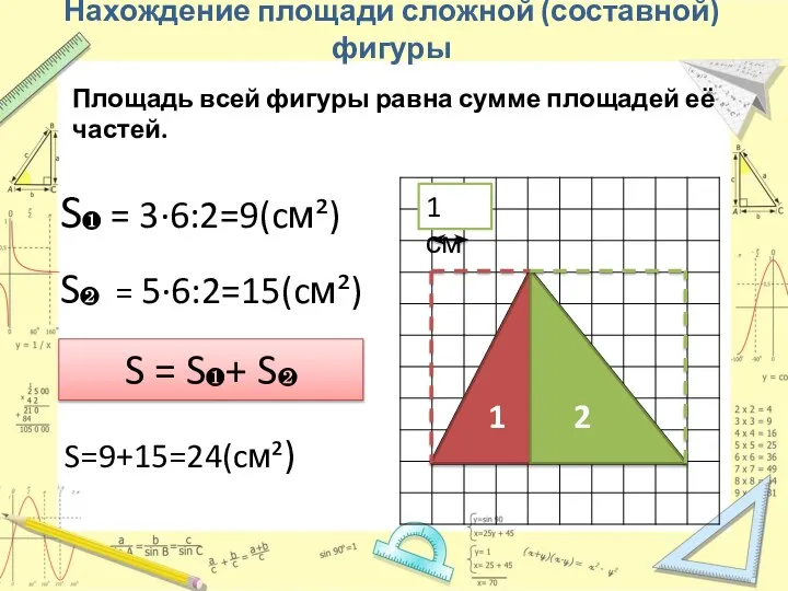 Нахождение площади сложной (составной) фигуры Площадь всей фигуры равна сумме площадей