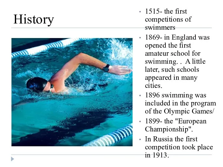 History 1515- the first competitions of swimmers 1869- in England was