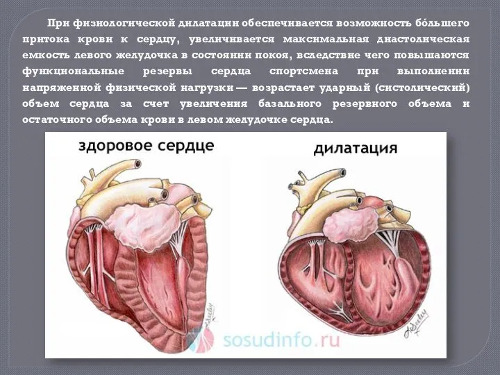 При физиологической дилатации обеспечивается возможность бóльшего притока крови к сердцу, увеличивается