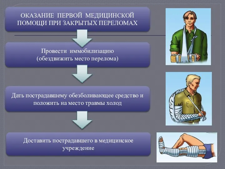 ОКАЗАНИЕ ПЕРВОЙ МЕДИЦИНСКОЙ ПОМОЩИ ПРИ ЗАКРЫТЫХ ПЕРЕЛОМАХ Доставить пострадавшего в медицинское