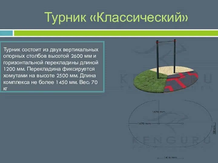 Турник «Классический» Турник состоит из двух вертикальных опорных столбов высотой 2600