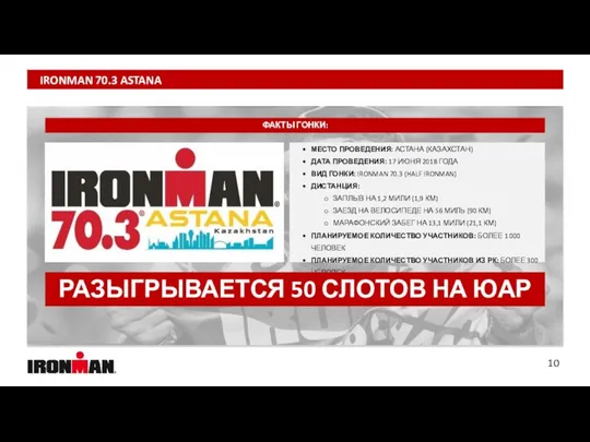 IRONMAN 70.3 ASTANA 10 ФАКТЫ ГОНКИ: МЕСТО ПРОВЕДЕНИЯ: АСТАНА (КАЗАХСТАН) ДАТА