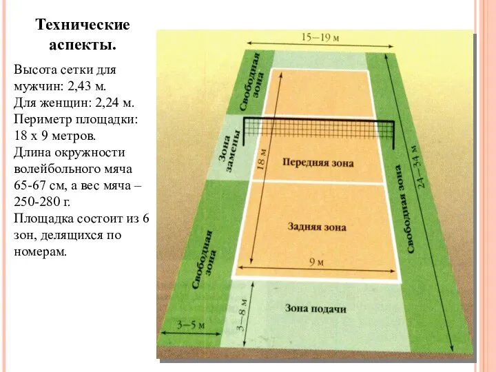 Технические аспекты. Высота сетки для мужчин: 2,43 м. Для женщин: 2,24