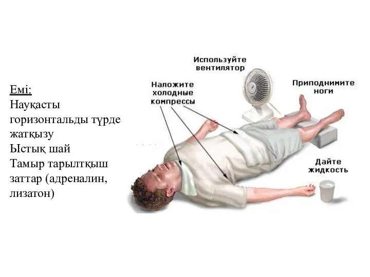 Емі: Науқасты горизонтальды түрде жатқызу Ыстық шай Тамыр тарылтқыш заттар (адреналин, лизатон)