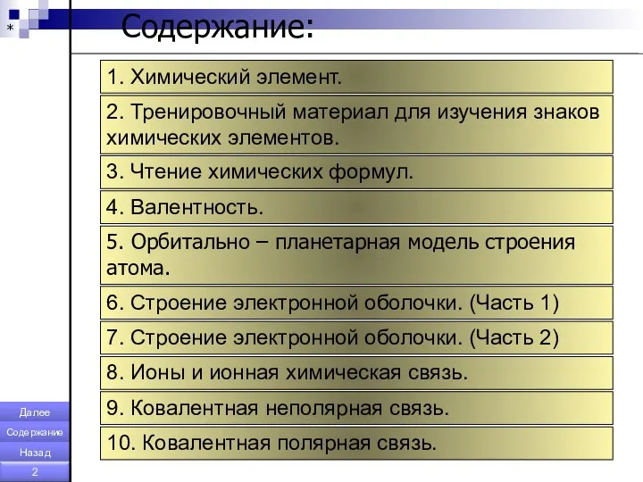 * Содержание: 1. Химический элемент. 2. Тренировочный материал для изучения знаков