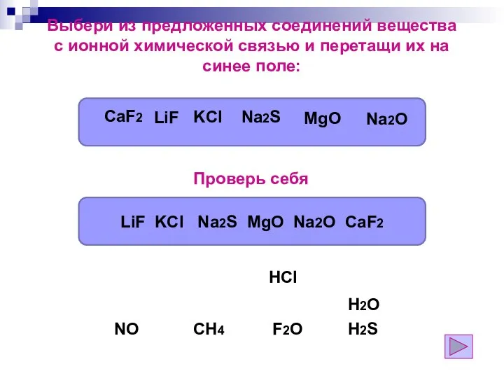 Выбери из предложенных соединений вещества с ионной химической связью и перетащи