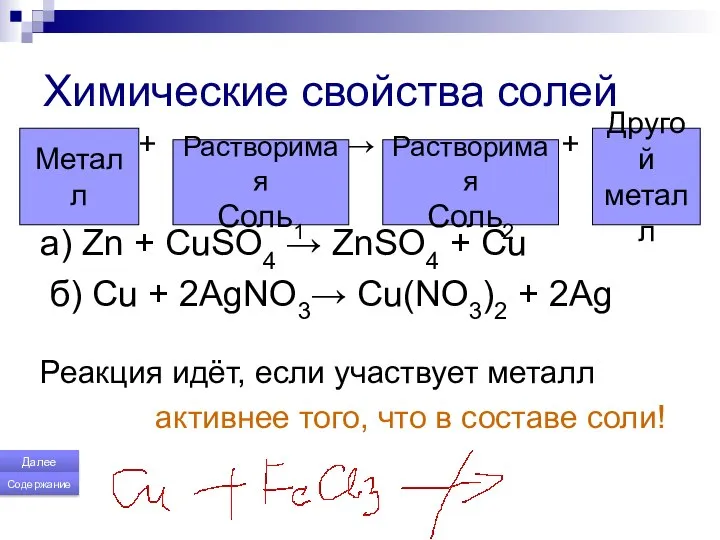 Химические свойства солей + → + a) Zn + CuSO4 →