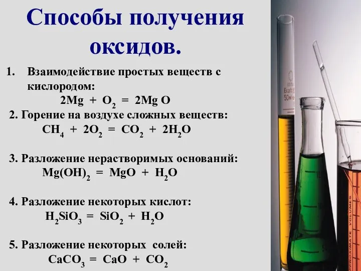 Способы получения оксидов. Взаимодействие простых веществ с кислородом: 2Mg + O2