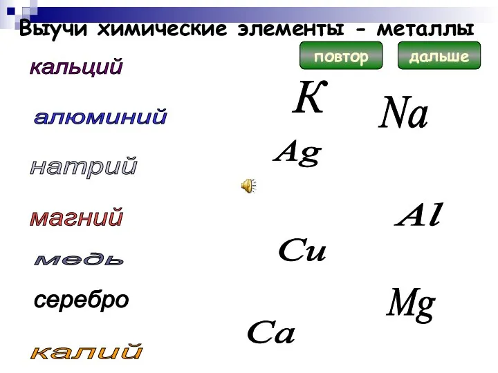 Выучи химические элементы - металлы Ag Mg Na Сu Al алюминий