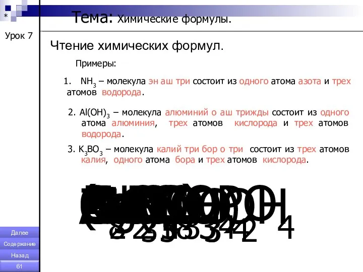 * Тема: Химические формулы. Урок 7 Чтение химических формул. Примеры: NH3