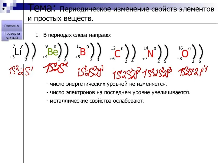 * Тема: Периодическое изменение свойств элементов и простых веществ. Проверка знаний