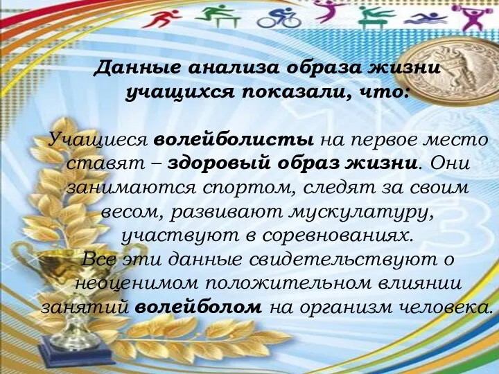 Данные анализа образа жизни учащихся показали, что: Учащиеся волейболисты на первое