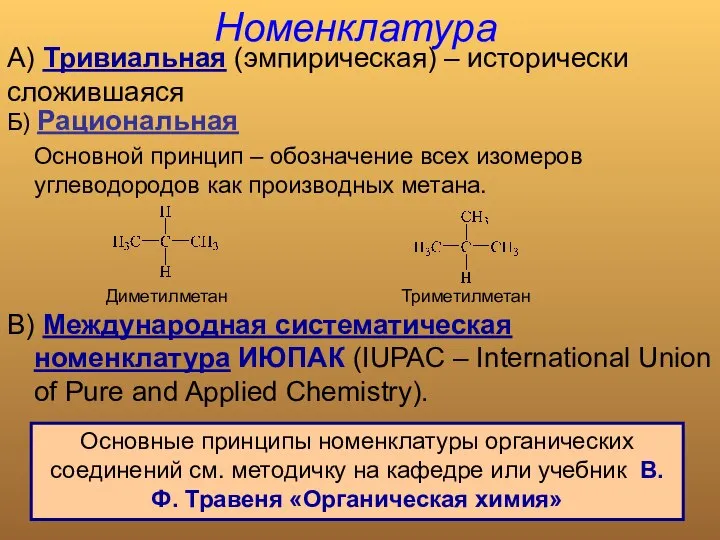 Номенклатура А) Тривиальная (эмпирическая) – исторически сложившаяся Б) Рациональная Основной принцип