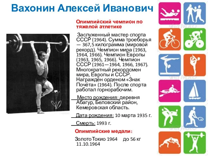 Вахонин Алексей Иванович Олимпийский чемпион по тяжелой атлетике Заслуженный мастер спорта