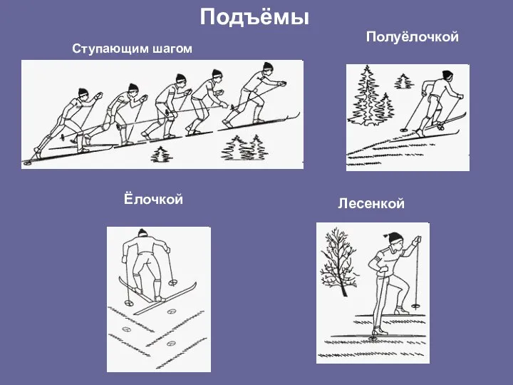 Подъёмы Ступающим шагом Полуёлочкой Ёлочкой Лесенкой